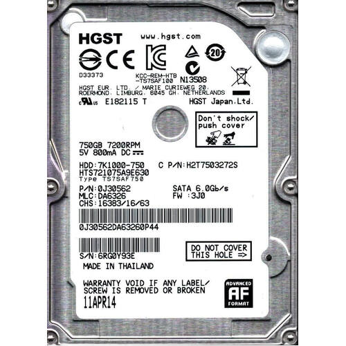 HGST 7K1000-750 750GB 2.5" Internal SATA HDD Hard Disk Drive